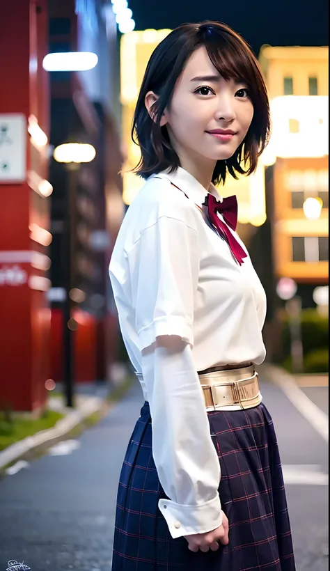 (8k, RAW photo, best quality, masterpiece:1.2), (realistic, photo-realistic:1.37), ultra-detailed,
1 girl,cute, solo,beautiful detailed sky,detailed tokyo street,night,
medium breasts,beautiful detailed eyes,(collared shirt:1.1), bowtie,pleated skirt,(shor...