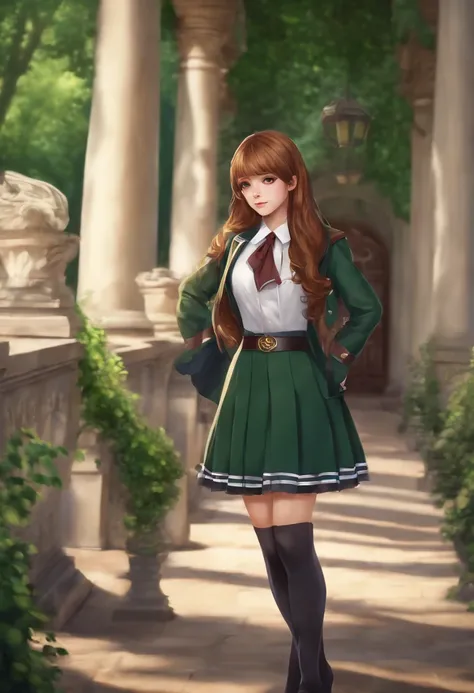 (Masterpiece), (Best Quality), (1 Girl), Girl in Royal Detective England School Uniform , Cool Pose, school Background,between the background pillars , Long Hair, Color Hair Green