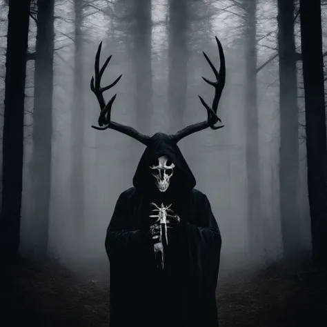 (a person wearing a black hooded robe and a satanic deer skull,a wax candle),(best quality,highres,gloomy,horror,satanic,dark color scheme),dimly lit background,gloomy atmosphere,flickering candle light,creepy vibes,detailed robe texture,dark and mysteriou...