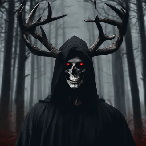 (a person wearing a black hooded robe and a satanic deer skull,a wax candle),(best quality,highres,gloomy,horror,satanic,dark color scheme),dimly lit background,gloomy atmosphere,flickering candle light,creepy vibes,detailed robe texture,dark and mysteriou...