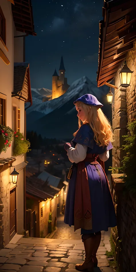 realisitic，Streets of medieval Europe at night、Girl watching from distant mountain top