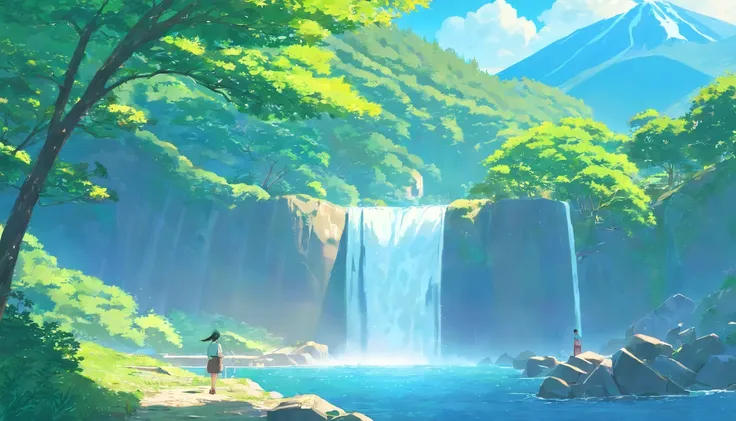 (high res) ,(masterpiece:1,2), (best quality), anime, beautiful landscape, waterfall, bonsai trees, mountains