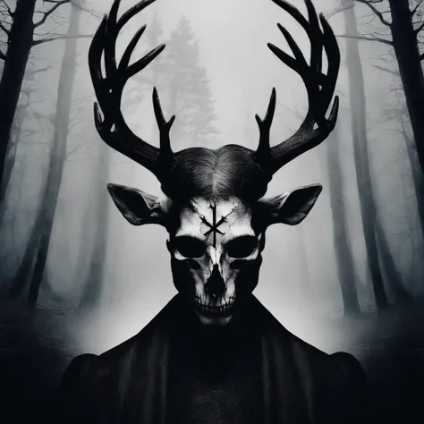 (a person wearing a black hooded robe and a satanic deer skull,a wax candle),(best quality,highres,gloomy,horror,satanic,dark color scheme),dimly lit background,gloomy atmosphere,flickering candle light,creepy vibes,detailed robe texture,dark and mysteriou...