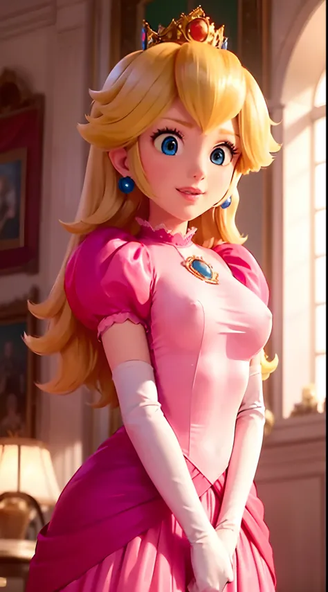 (Inside a castle setting,)  A petite Princess Peach wearing a beautiful hot pink dress, she is gentle and compassionate and is shown smiling gently, she is over 6 feet tall and wears a golden crown atop her blond hair and white gloves. With a focus on her ...