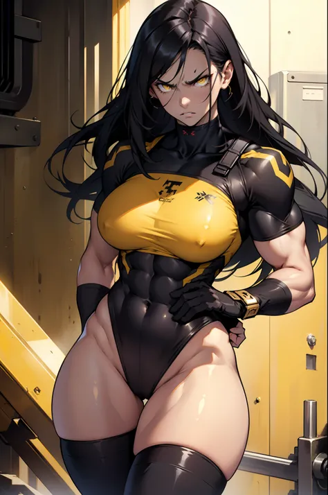 (((muscular))) 1 girl thick thighs thin waist perky breasts pale skin black hair long hair yellow eyes toned body angry, curvy wide hips