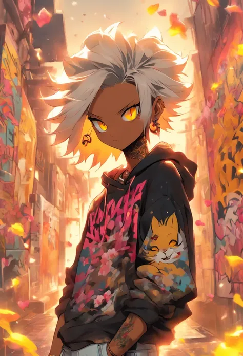 A cool and trendy cat, white hair, yellow eyes, wearing trendy hip hop clothing, wearing a hoodie, graphic t-shirt and torn jeans, tons of tattoos and piercings, cherry blossoms blowing in the wind, graffiti style background, highly detailed background, pe...