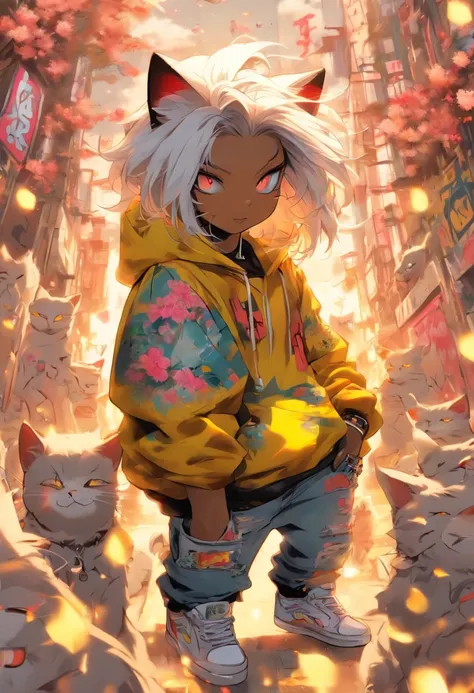 A cool and trendy cat, white hair, yellow eyes, wearing trendy hip hop clothing, wearing a hoodie, graphic t-shirt and torn jeans, tons of tattoos and piercings, cherry blossoms blowing in the wind, graffiti style background, highly detailed background, pe...