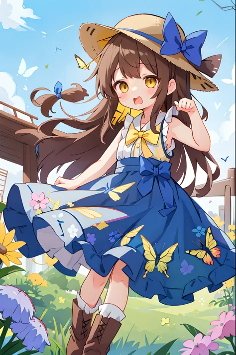 女の子1人、blue ribbons、florals、Hats、Windy, Thats why Im wearing a hat、Yawning face、Longer dress、length hair、brown haired、bow ribbon、Sleeveless、a straw fedora hat、Eye Up、yellow  eyes、Urban Park、butterflys々is flying、kawaii pose、Im wearing cute boots