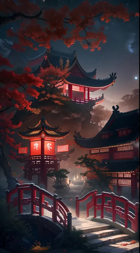 （Ancient Chinese beauties dancing：1.5），Surreal CG rendering Ancient China，Jiangnan old buildings and ancient cities have Yaolin Wonderland。a noite，a lua enorme：1.5，The stars are bright，The smoke is fascinating，Maple leaves and milk leaves are trees。paisage...