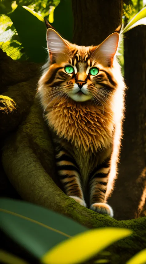 (best quality,high-res,ultra-detailed),Maine Coon cat,in a lush and vibrant forest,with a beam of light filtering through the dense foliage,gothic-inspired banana tree in the foreground,exquisitely detailed and realistic,with intricate and delicate pattern...