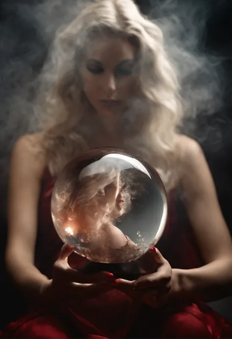 double exposure image by blending together a smokey scene and a crystal ball. The smoke should serve as the underlying backdrop, with its details subtly incorporated into the glossy crystal ball where a womans head is entrapped, Sharp focus, double exposur...