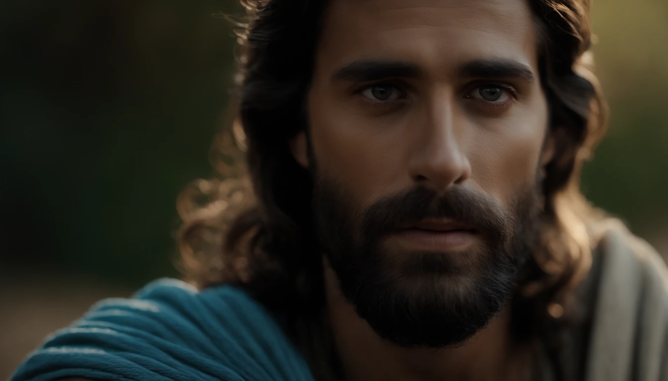 O mais lindo Jesus Cristo de todos os tempos, com olhos azuis, barba muito alta, cabelos loiros muito altos e capa branca