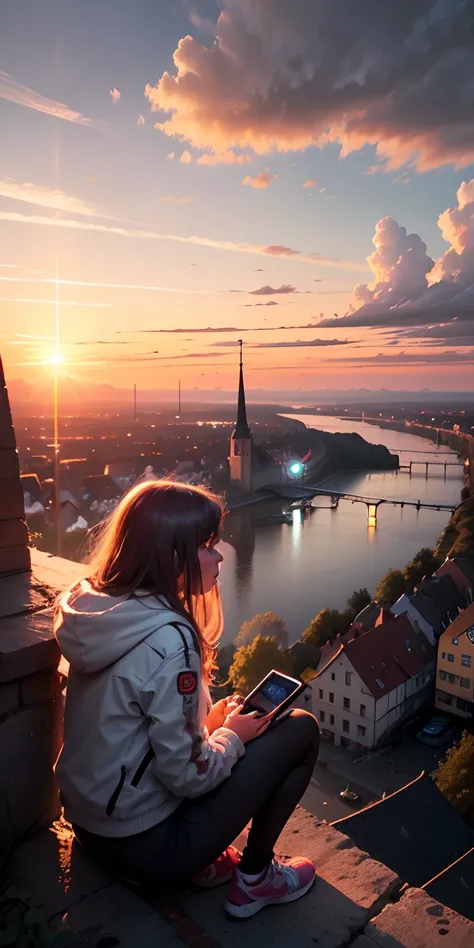 Rendsburg, Germany, Cyberpunk City, Future, Clouds, A light, Atmospheric, detaileds, 4K girl is watching、The sunset is beautiful