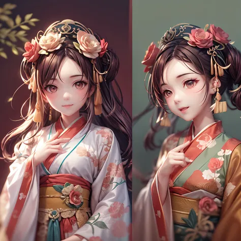 Movie Angle，（Cute girls，anatomy correct，full bodyesbian，Masterpiece camellia，Masterpiece Hanfu，ssmile），（illustratio，paper art，3Drenderingof），（plethora of colors，Best quality，high detal，tmasterpiece，Cinematic lighting effects，4K，Chiaroscuro）