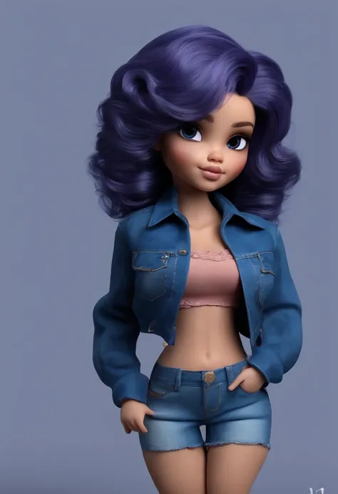 menina gordinha, cabelo azul, cabelo cacheado, chibi, corpo inteiro, Denim Jeans Pants, lilac blouse, descolada, totalmente vestida, olhos pretos,desenho 3d