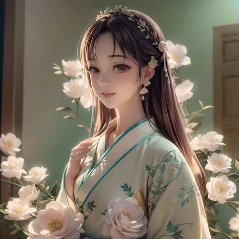 Movie Angle，（Cute girls，anatomy correct，full bodyesbian，Masterpiece camellia，Masterpiece Hanfu，ssmile），（illustratio，paper art，3Drenderingof），（plethora of colors，Best quality，high detal，tmasterpiece，Cinematic lighting effects，4K，Chiaroscuro）