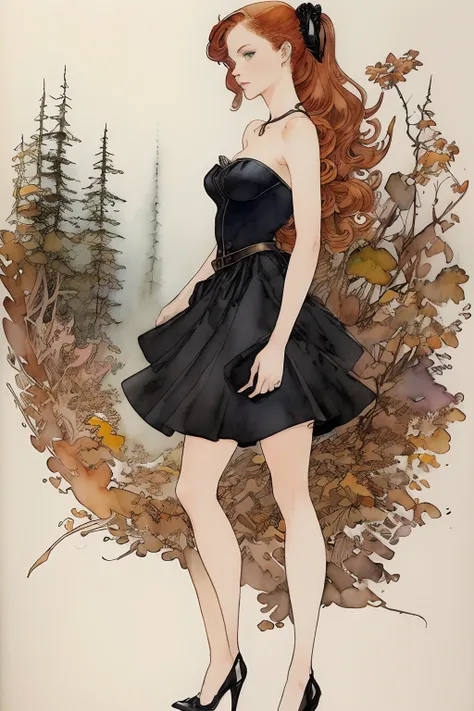 ((( michael kaluta watercolor ))) ((masterpiece)), 8k 25 year old, redhead girl, alluring, armpit lenght hair (((upturned eyes))) cute ((strapless black dress)) slender build, ((corkscrew hairstyle)) muted palette, in the forest at night (( full shot ))