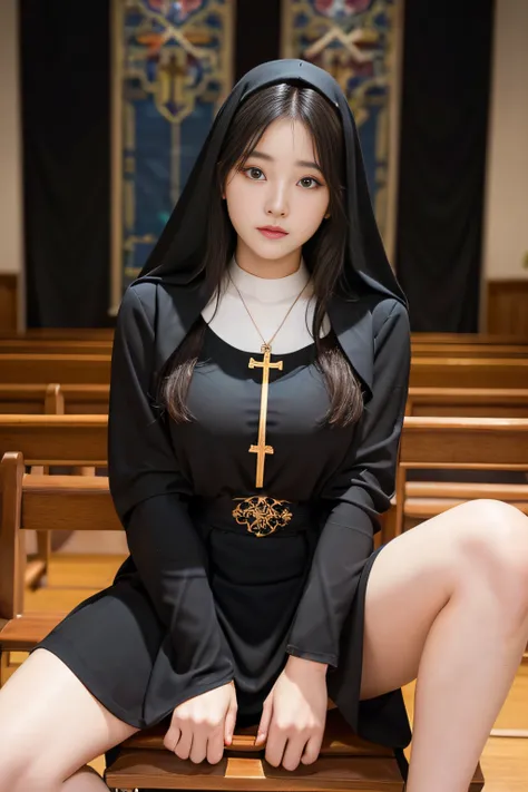 1womanl、25-years old、Cultivated woman、(ultra beautiful faces:1.5)、(Black monastic vestments:1.1)、Sit on a chair in the chapel and open your crotch、(The body is facing this way:1.3)、(spread legs to the sides:1.1)、Cross Necklace、Church Chapel、(At SFW)