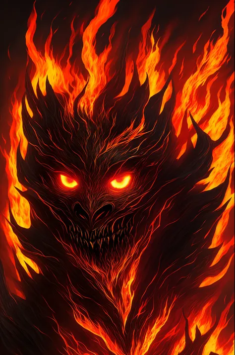 Portrait of a burning flame and lava hell messenger，darkly，extreme light，