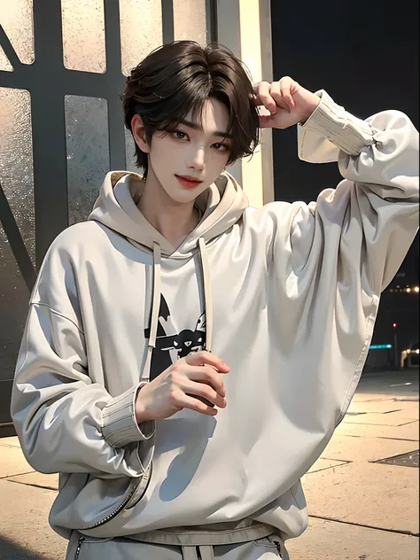 ((4K works))、​masterpiece、（top-quality)、((high-level image quality))、Happiness、((One Manly Boy))、K-pop idol photos、Slim body、((Stylish black hoodie and white pants))、(Detailed beautiful eyes)、Amazing city view in the background、On the way to work、Face simi...