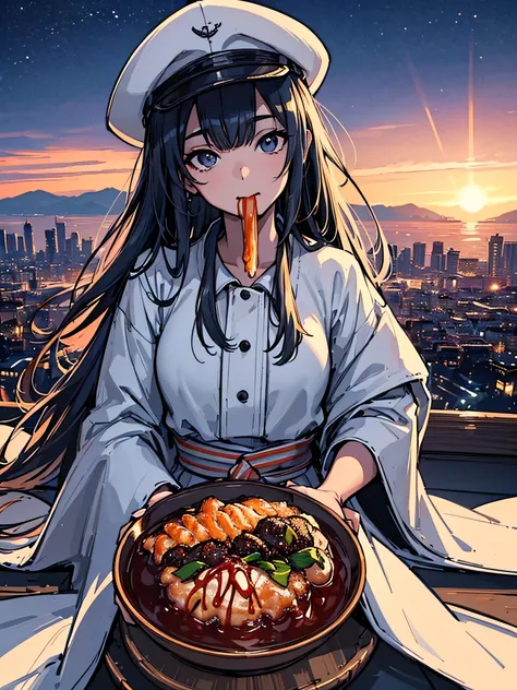 Girl sitting with feathers propped aloft, cap backwards, eating tokoyaki, sauce dripping from her mouth, with a view of the city below, moon on the horizon, (ultra-realistic), {extremely detailed 8k CG unity wallpaper }, expansive landscape photography, (a...