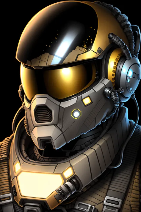 starsector, a portrait of an ancient robot, fundo em branco, foco no rosto, terno de alta tecnologia, Yellow armor with technological helmet with black visor, a post-apocalyptic futuristic city