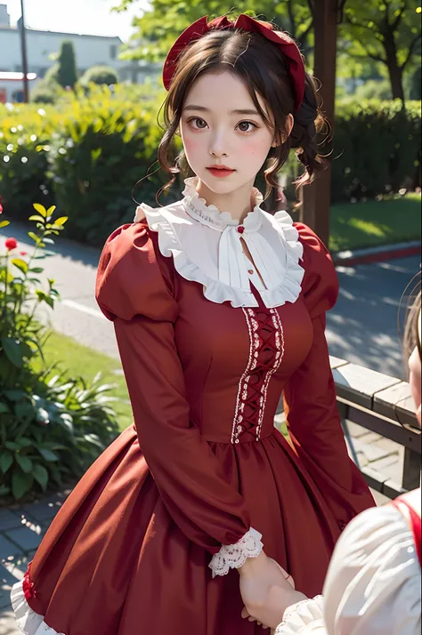 photo of a girl in red lolita_dress, dutch , bright eyes, blurred background, fine details, photorealistic, relaxed atmosphere, film photography, natural blurry