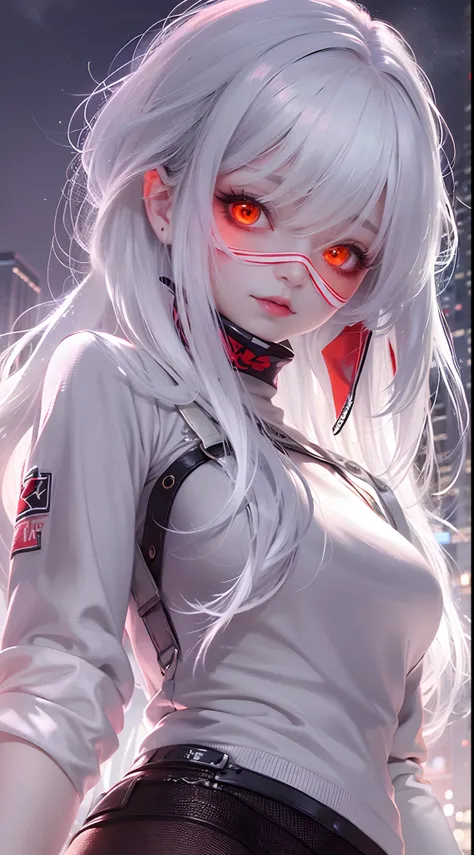 1girll, (Solo), Anime girl with long white hair and red eyes, Girl with white hair, Girl in white turtleneck sweater, ((Blindfolds)), pointy-eared, ((Vampire)), Fake smile, Smug, Closed mouth, Cowboy shot, Perfect white haired girl, White-haired god, Digit...