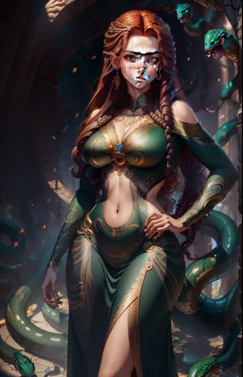 ((best quality)), ((masterpiece)), ((realistic)), Medusa, full body, the hair is composed of countless small snakes, green eyes, female face, metal carved top, royal aura, trend on artstation , sharp focus, studio photo, intricate detail, very detailed, de...