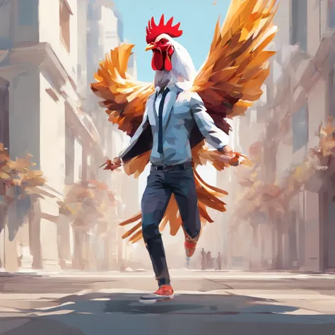 ((Man with a chicken head))、body builder、Only the head is a chicken human、Perfect centering,  Wear a student team jacket, Wearing sunglasses, Wearing headphones, cheerfulness, Standing position, Abstract beauty, Centered, Looking at the camera, Facing the ...