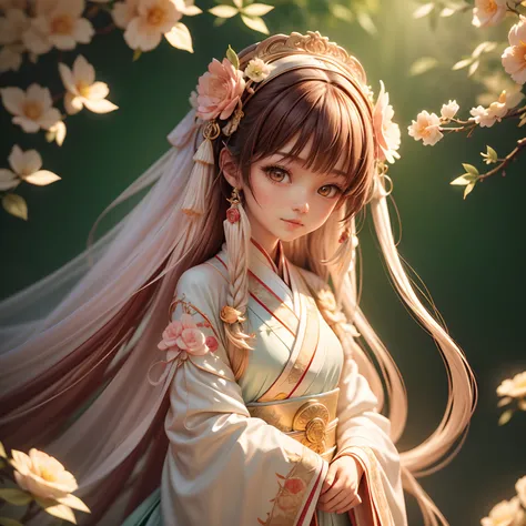 Movie Angle，（Cute girls，anatomy correct，full bodyesbian，Masterpiece camellia，Masterpiece Hanfu，ssmile），（illustratio，paper art，3Drenderingof），（plethora of colors，Best quality，high detal，tmasterpiece，Cinematic lighting effects，4K，Chiaroscuro）