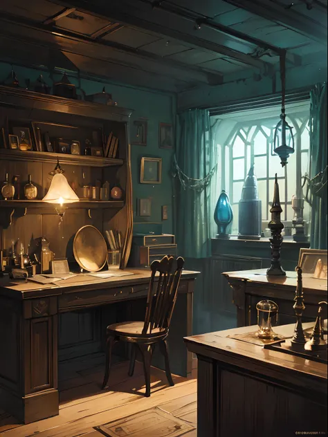 (Background art) , frontal composition, (Magic Workshop), (dimly lit room), interior scenes, witch theme, (potion, broomstick, cauldron, spooky, dark room) , (Glowing goods, Settlement desk, A table where items are kept, Magic potion, Magic Book)+ , large ...