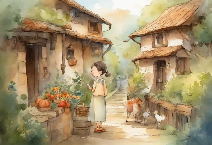 Ghibli style　Simple illustration style、kawaii、A young girl holds a grandmother、独奏、Character drawing，banners，a warm color palette