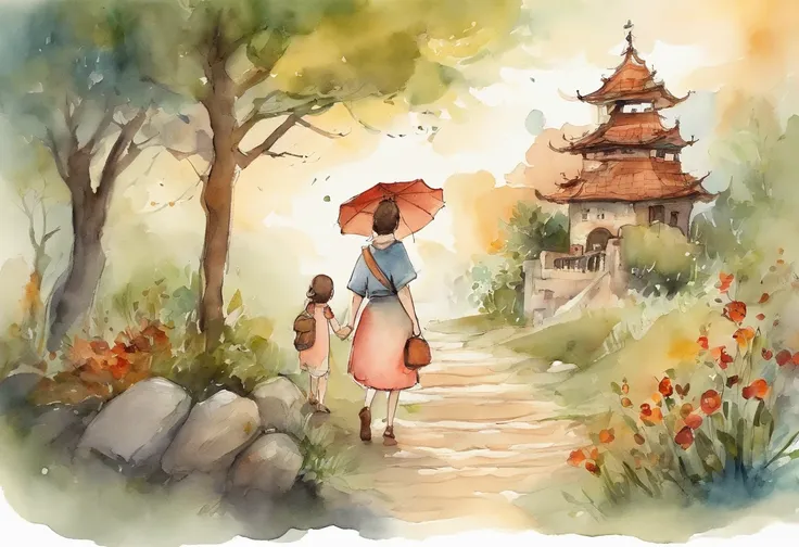 Ghibli style　Simple illustration style、kawaii、A young girl holds a grandmother、独奏、Character drawing，banners，a warm color palette