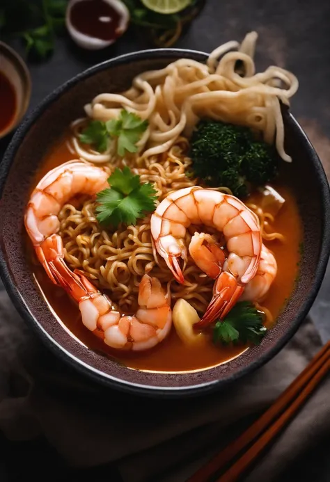 A bowl of ramen noodles with sauce, photographic shot, shrimps, with napkin