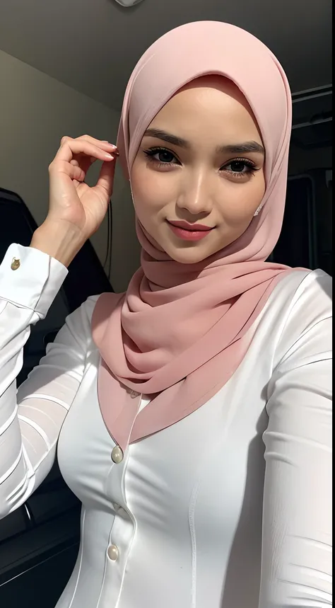 ((Best quality, 8k, Masterpiece: 1.3)), Sharp focus: 1.2, A beautiful malay woman in hijab with perfect body: 1.4, Slim abdomen: 1.2, ((hijab, small breasts: 1.2)), (red bra) (Small and beautiful hard nipple) (Thin and damp button up to shirt length: 1.1),...