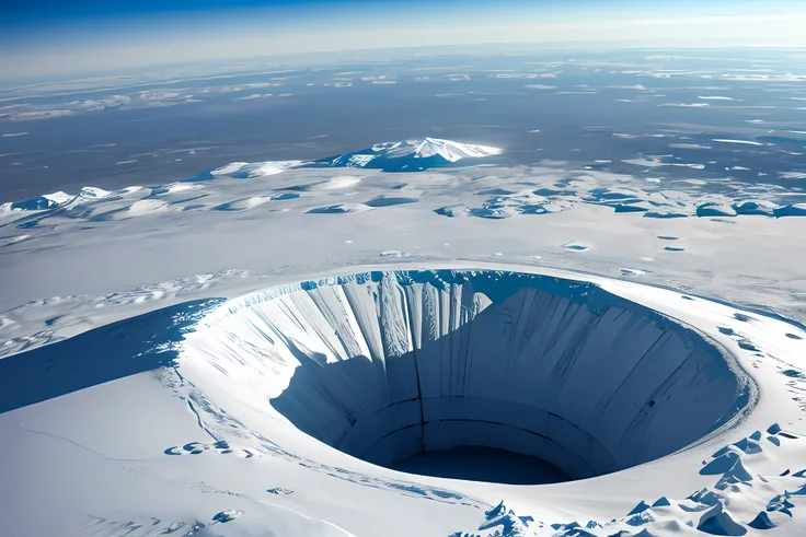 Icy north pole, loaded with snow with a huge crater giving access to another underground world seen from above.