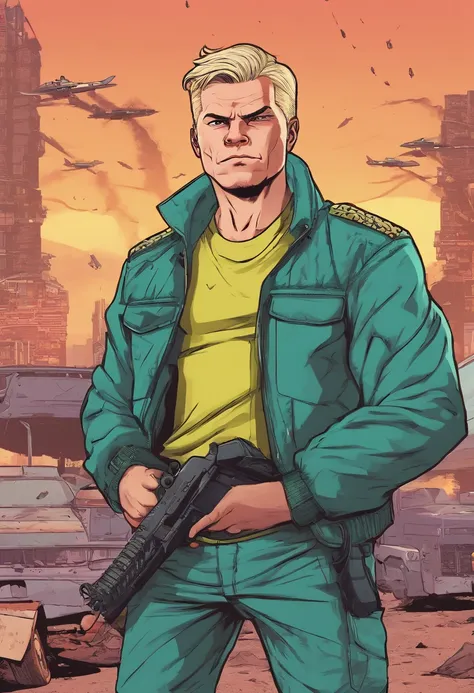 Comic book style, Alex Høgh Andersen, Comic style, man, 50 years old, short military style hair