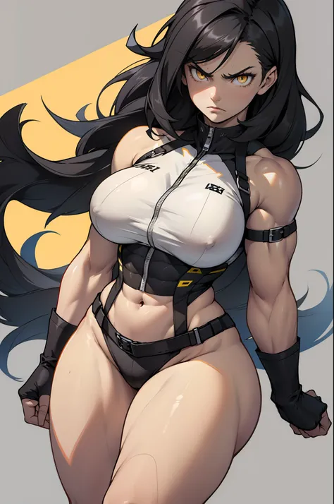 (((muscular))) 1 girl (thick thighs) (thin waist) (perky breasts) pale skin black hair long hair yellow eyes toned body angry, curvy wide hips (grey background)