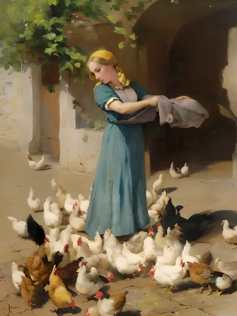 a painting of a woman feeding chickens in a courtyard, by Philip de László, by Giovanni Fattori, by Cor Melchers, by Vincenzo Irolli, by Antonio Ciseri, by Hubert von Herkomer, gaston bussiere. blond braid, by Eugène Brands, by Adolf Hirémy-Hirschl