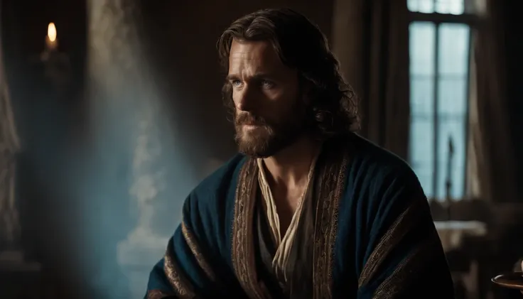 Apostle Jonas from the Bible in his 30s, blue eyes, beautiful face, handosome man. shoulder length hair.  kneeling in his house, face of reflection