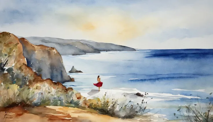 (((obra prima))), qualidade superior, alta resolução, Watercolor landscape with beautiful representation,With blue sky and expansive sea in the background、Menina no vestido branco fica graciosamente.