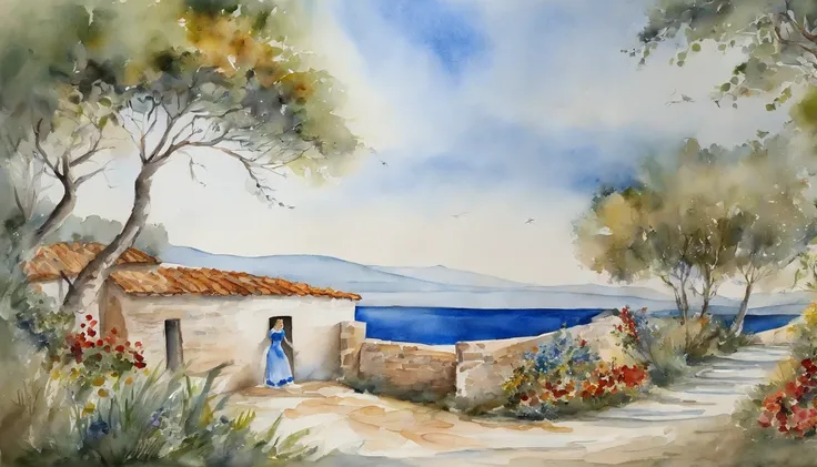 (((obra prima))), qualidade superior, alta resolução, Watercolor landscape with beautiful representation,With blue sky and expansive sea in the background、Menina no vestido branco fica graciosamente.