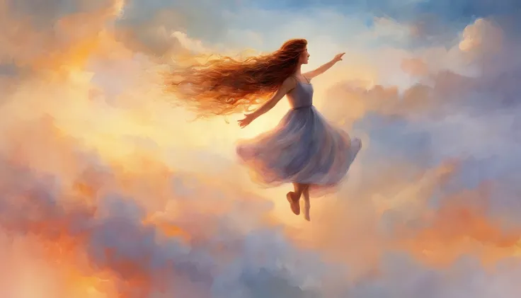 masterpiece, best quality, movie still, 1girl, cloud girl, floating in the sky, close-up, bright, happy, warm soft lighting, sunset, (sparks:0.7)