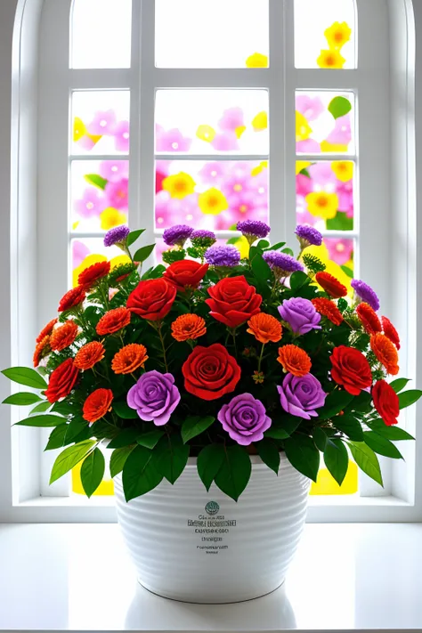 Clay Flower Tray, Colorful flowers, a magical colorful flower, Colorful flowers, Colorful flowers, Colorful flowers and plants, by the window, sunlight coming in, Many details, High quality, 8K clay pot, Multicolored roses, by the window, sunlight coming i...