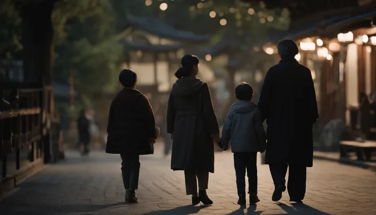 Japan parents and children２a person　50-year-old mother　18-year-old man　２People are lining up and looking at us　Positive and standing　Side by side　canny　scary atmosphere　realistic　top-quality　delicate　Live Action　realisitic　a picture　8K　ultra-detailliert