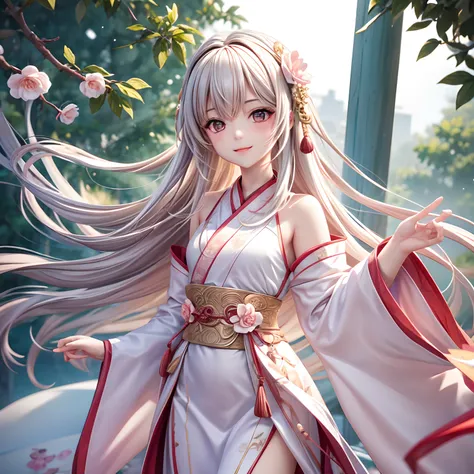 Movie Angle，（Cute girls，anatomy correct，full bodyesbian，Masterpiece camellia，Masterpiece Hanfu，ssmile），（illustratio，paper art，3Drenderingof），（plethora of colors，Best quality，high detal，tmasterpiece，Cinematic lighting effects，4K，Chiaroscuro）