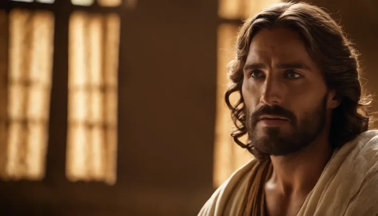 Jesus Cristo, from the Bible, na casa dos 30 anos, olhos azuis, beautiful face, Homem de Handossome, cabelos claros na altura dos ombros, Face serena.