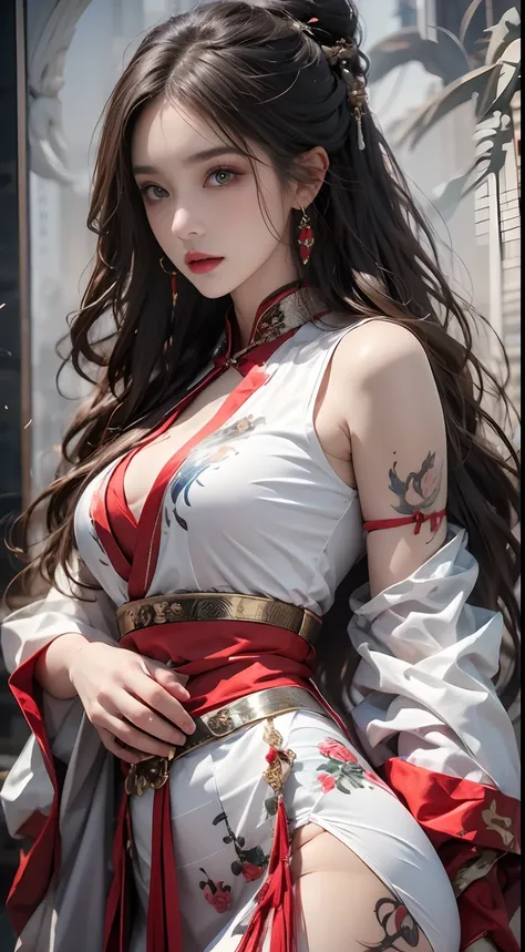 Photorealistic, high resolution, 1 woman, Hips up, Beautiful eyes, Long hair, ringed eyes, jewelry, tattoo, Hanfu, Chinese fairy, Taoist uniform