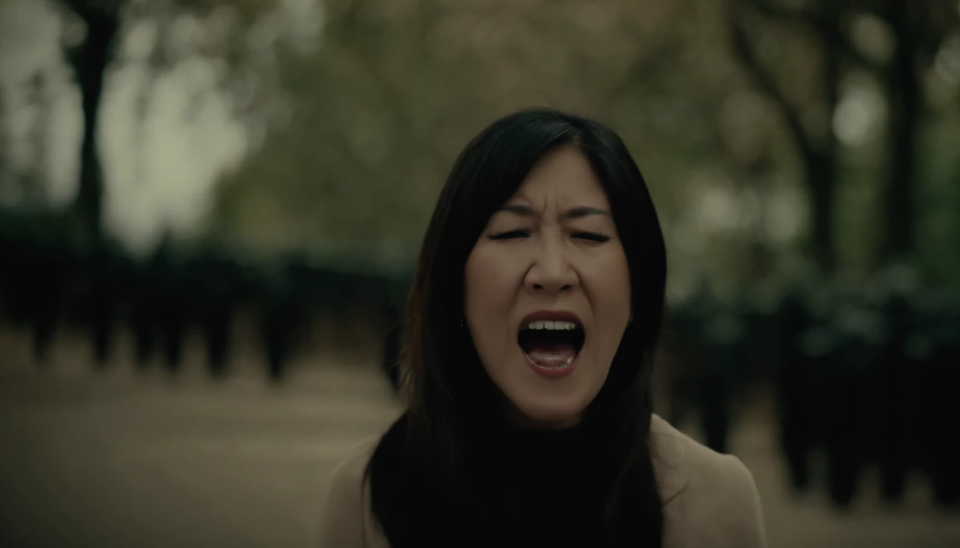 The mouth of a woman screaming ominously　japanes６０Year Old Woman　Creepy woman in black clothes　Screaming Woman　１a person　Upper Body Photo　Delicate hair　Delicate wrinkles　canny　scary atmosphere　realistic　top-quality　delicate　Live Action　realisitic　a picture